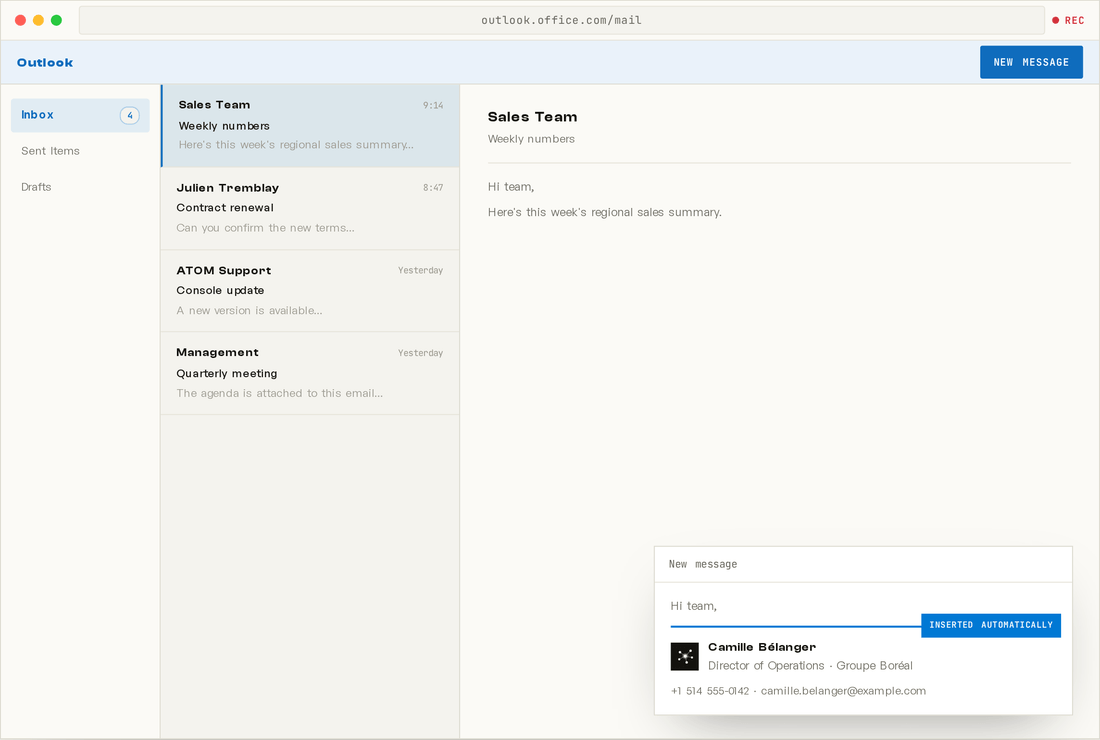Signature inserted automatically into an Outlook draft